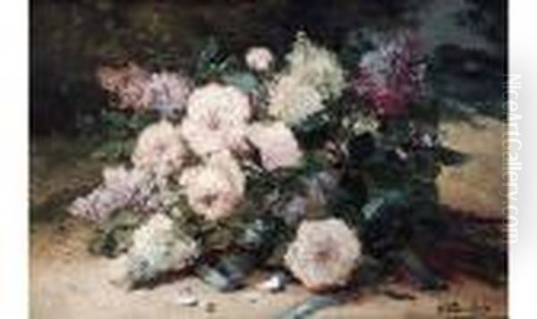 Nature Morte Aux Fleurs Roses Oil Painting by Eugene Henri Cauchois