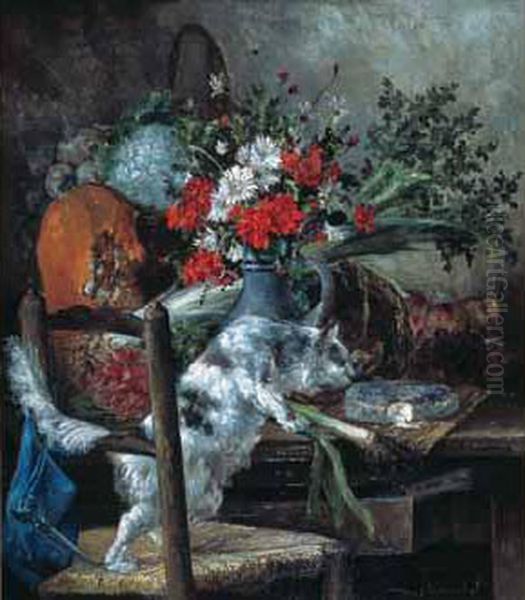 Nature Morte Sur Un Entablement Avec Un Chat. Oil Painting by Eugene Henri Cauchois