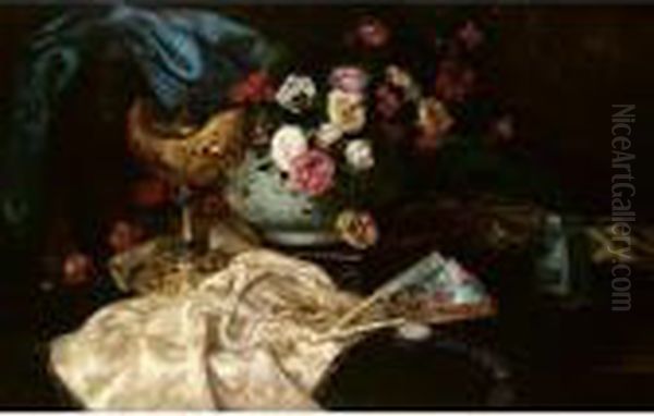 Still Life With Roses And Fan Oil Painting by Eugene Henri Cauchois