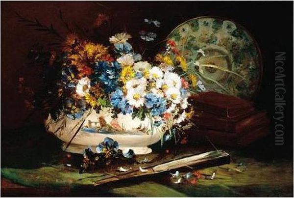 Eugene , Still Life Of Flowers, 
Books And Plate, Signed, Oil On Panel, 50 X 73 Cm.; 19 3/4 X 28 3/4 In Oil Painting by Eugene Henri Cauchois