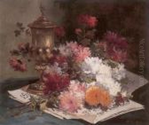 Still Life Of Flowers And Sheet Music Oil Painting by Eugene Henri Cauchois