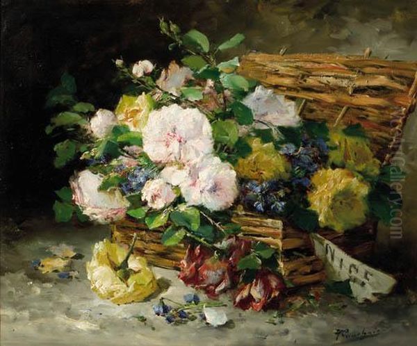 Roses In A Basket Oil Painting by Eugene Henri Cauchois