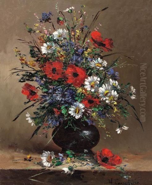 A Vase Of Garden Flowers Oil Painting by Eugene Henri Cauchois