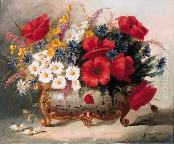 Poppies, Daisies And Mixed Summer Flowers In A Roccoco Vase Oil Painting by Eugene Henri Cauchois