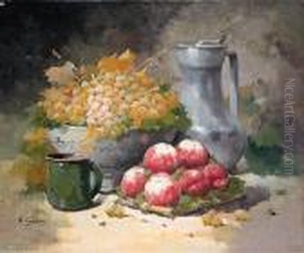 Grapes In A Bowl With Peaches And A Pewter Jug Oil Painting by Eugene Henri Cauchois