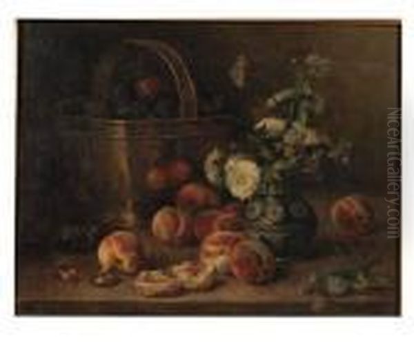 Wild Flowers, Peaches And Plums In A Copper Basket Oil Painting by Eugene Henri Cauchois