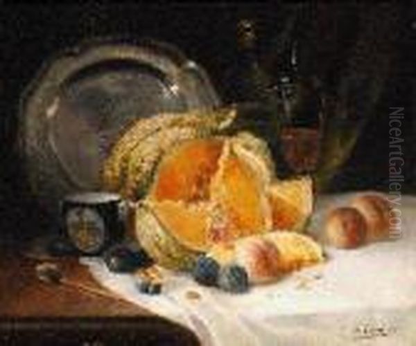 A Melon, Peaches, Plums, With A Pewter Plate And Spoon On A Kitchentable Oil Painting by Eugene Henri Cauchois