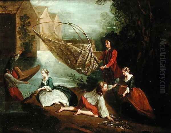 An Elegant Fishing Party on the Banks of a River Oil Painting by Etienne Jeaurat