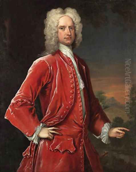 Portrait of a gentleman, three-quarter-length, in red coat and waistcoat, with a classical landscape beyond Oil Painting by Charles Jervas