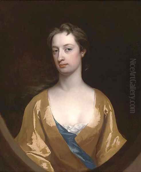 Portrait of Mrs Dunbar, half-length, in a yellow gown, feigned half oval Oil Painting by Charles Jervas