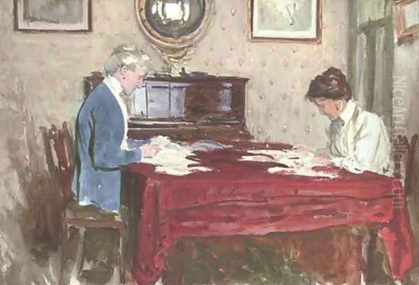 Claire Goff and Rita Jacomb-Hood reading the morning post at 26 Tite Street, Chelsea Oil Painting by George Percy Jacomb-Hood