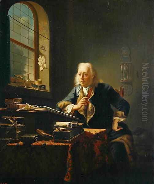 A Scholar Sitting at his Desk Oil Painting by Justus Juncker