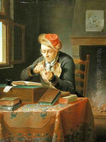 A Scholar sharpening his Quill Oil Painting by Justus Juncker