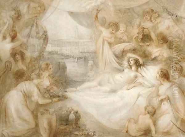 Cleopatra reclining in reverie, surrounded by attendants with Alexandria in the distance beyond Oil Painting by George Jones