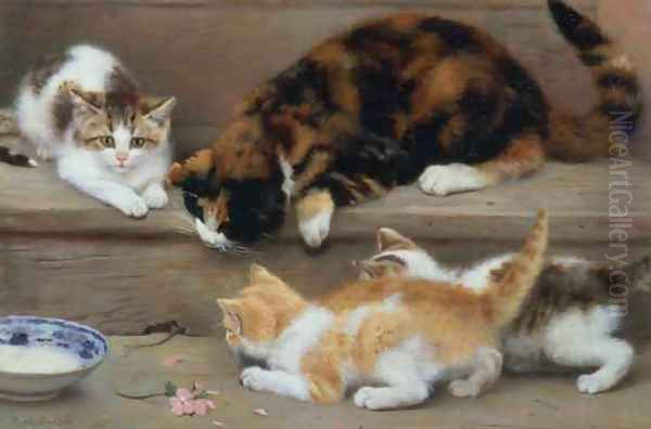 Cat and kittens chasing a mouse Oil Painting by Rosa Jameson