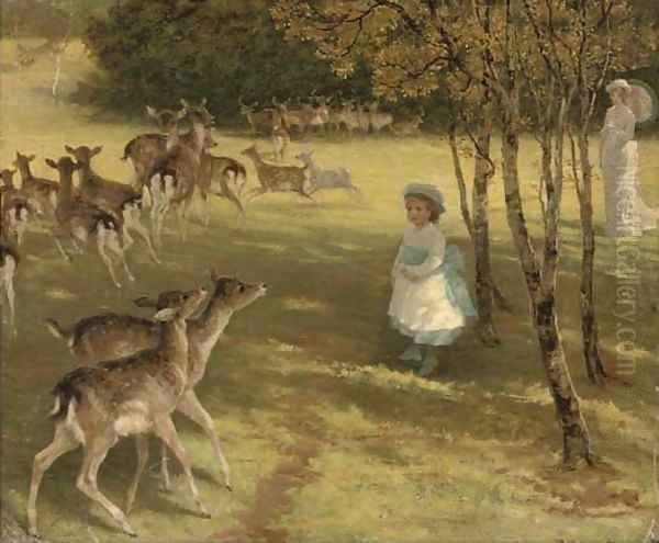 Feeding the deer in the park Oil Painting by William Samuel Jay