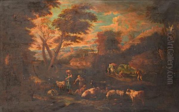 A Pastoral Landscape With A 
Shepherdess Andgoatherd With Their Livestock In The Foreground, Other 
Peasantsloading A Horse With A Cottage And Tower Beyond Oil Painting by Pieter the Younger Mulier