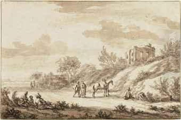 Travellers In A Wooded Landscape Beneath A Ruined Circulartemple Oil Painting by Pieter the Younger Mulier