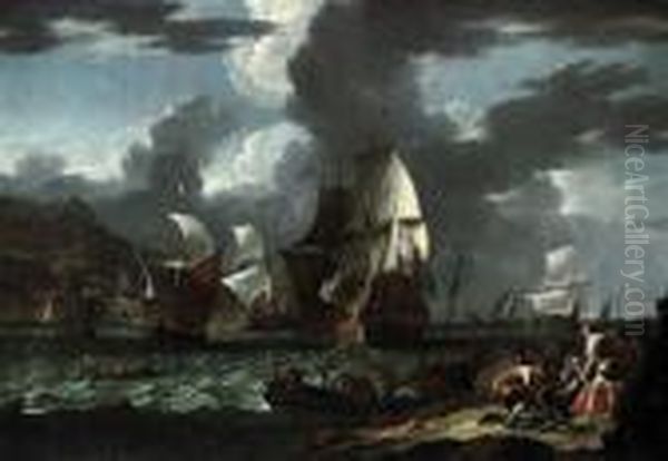 The Flagship Saluting Her Arrival Oil Painting by Pieter the Younger Mulier