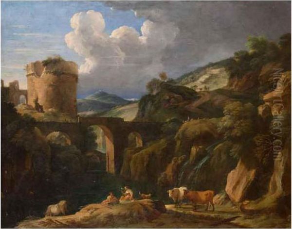 Paesaggio Con Ponte, Torre E Pastori Oil Painting by Pieter the Younger Mulier