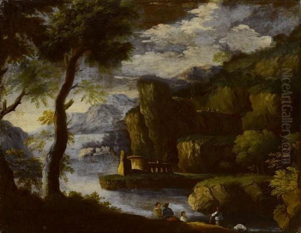 Arkadische Landschaft Mit See Und Figurenstaffage Oil Painting by Pieter the Younger Mulier