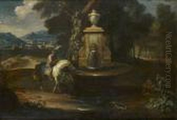 A La Fontaine Oil Painting by Pieter the Younger Mulier