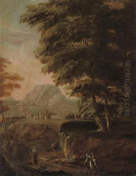 A Wooded River Landscape With Travellers On A Track, A Town Beyond Oil Painting by Pieter the Younger Mulier