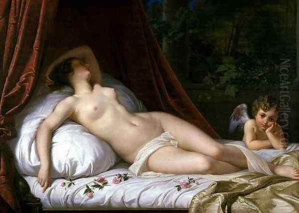 Recumbant Venus with Cupid Oil Painting by Emil Jacobs