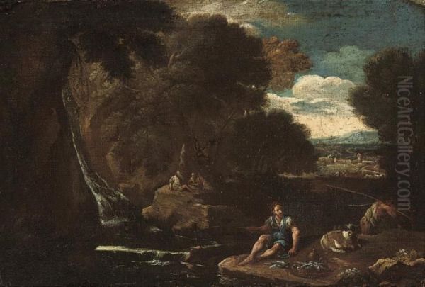 An Italianate Wooded River Landscape With Travellers At Rest Oil Painting by Pieter the Younger Mulier