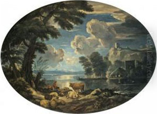 A Moonlit Pastoral Scene With A Shepherd Resting His Flock By A Lake Oil Painting by Pieter the Younger Mulier