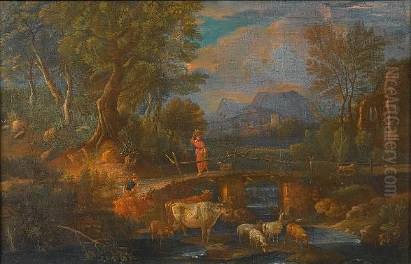 An Italianate Landscape With A 
Young Woman Crossing A Bridge And A Drover Watering His Cattle And Sheep
 At A Stream Oil Painting by Pieter the Younger Mulier