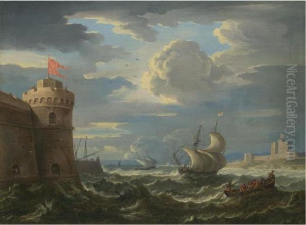 Shipping In A Stiff Breeze In An Estuary Between Two Turkish Forts Oil Painting by Pieter the Younger Mulier