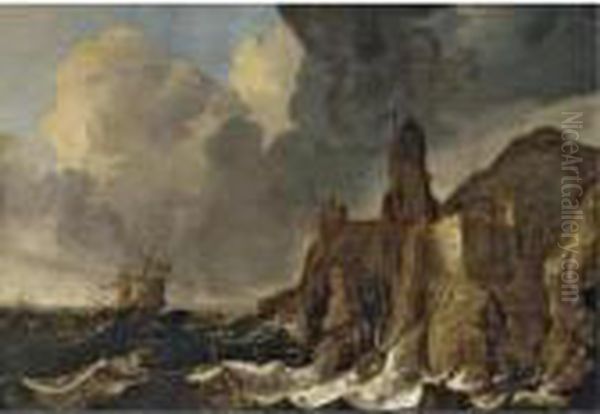 A Stormy Coastal Scene With Ships Being Wrecked Before A Clifftop Town Oil Painting by Pieter the Younger Mulier