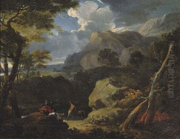 A Mountainous Landscape With Peasants Fishing By A Stream At The Edge Of A Wood Oil Painting by Pieter the Younger Mulier