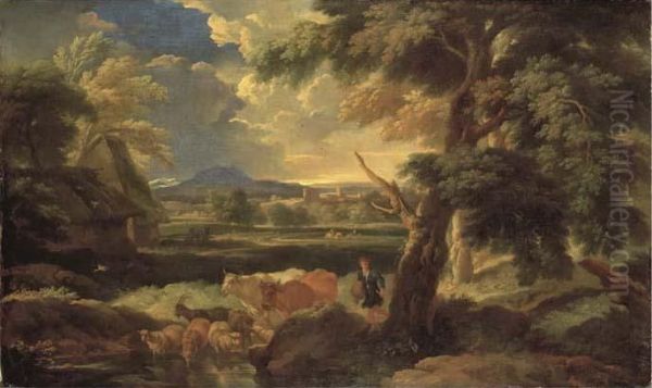 An Italianate Landscape With A Herdsman Watering His Livestock Oil Painting by Pieter the Younger Mulier