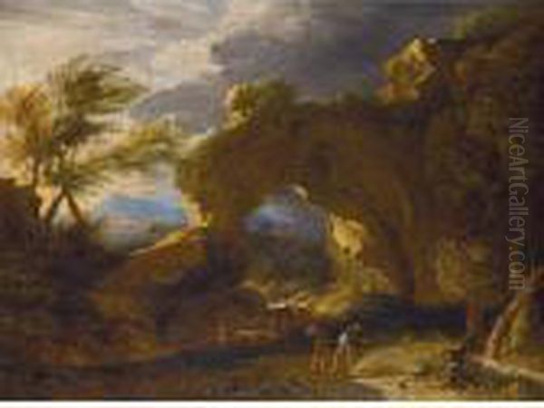 A Stormy Italianate Landscape With Drovers And Their Animals Fording A Stream Oil Painting by Pieter the Younger Mulier