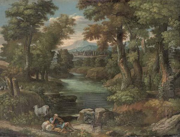 An Extensive Wooded River Landscape With A Shepherd Resting On The Riverbank Oil Painting by Pieter the Younger Mulier