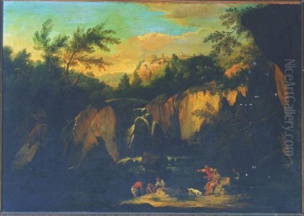 The Waterfall At Tivoli, With Figures by Pieter the Younger Mulier