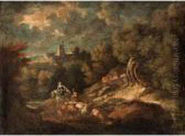 Italianate Landscape With A 
Drover And Their Animals Beside A River, A Hill Top Town Beyond Oil Painting by Pieter the Younger Mulier