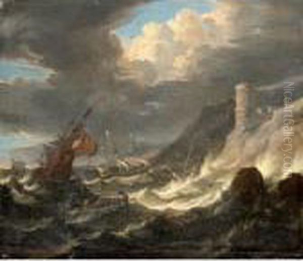 Shipping Off A Rocky Coast In A Storm Oil Painting by Pieter the Younger Mulier