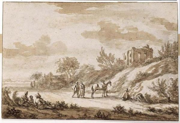 Peasants On A Country Road At Op Bergen (st Gilles) Oil Painting by Pieter the Younger Mulier