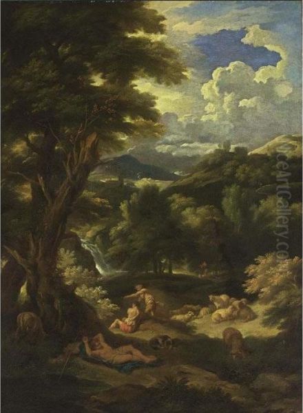 A Pastoral Landscape With Shepherds And Their Sheep Resting, A Waterfall Beyond Oil Painting by Pieter the Younger Mulier