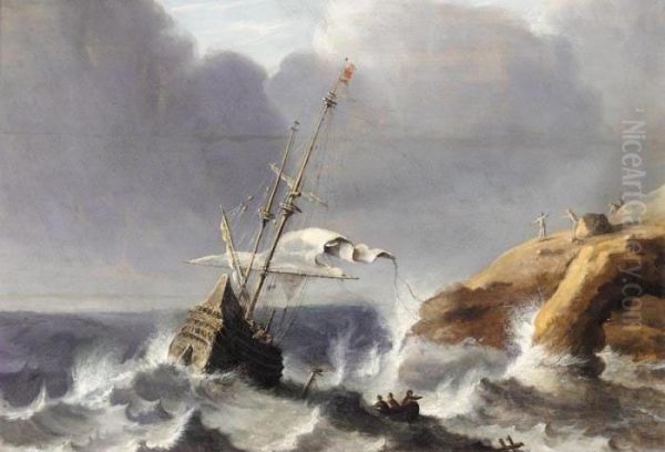 A Seascape With A Ship Before A Rocky Coast Oil Painting by Pieter the Younger Mulier