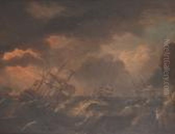 Men 'o' War And Other Shipping In A Squall Off A Rocky Coastline Oil Painting by Pieter the Younger Mulier