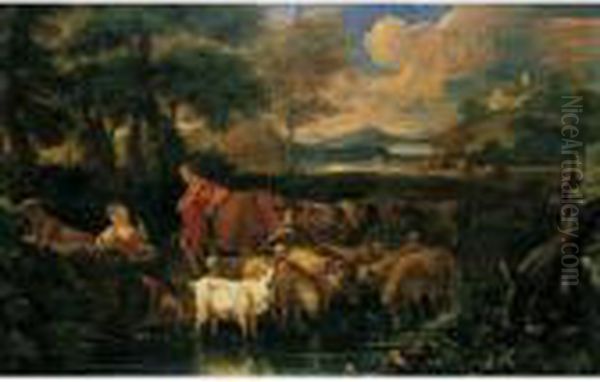 An Arcadian Landscape With A Shepherd And Shepherdess With Their Flocks Beside A Stream Oil Painting by Pieter the Younger Mulier