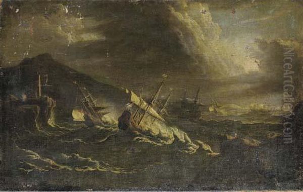 A Coastal Landcsape With Ships In A Storm Oil Painting by Pieter the Younger Mulier