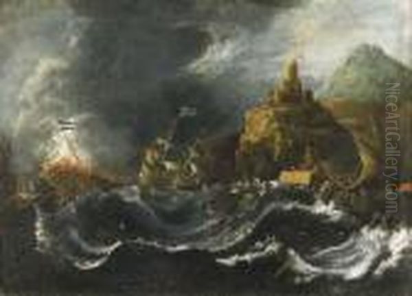 Vascelli In Burrasca Presso Una Costa Mediterranea Oil Painting by Pieter the Younger Mulier