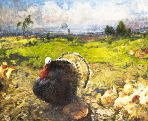 Paesaggio Con Tacchino E Gallina Oil Painting by Vittorio Cavalleri