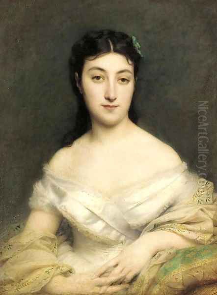 Portrait of a young lady in a white dress, half-length, seated, clad in an embroidered chiffon shawl Oil Painting by Jean Jalabert