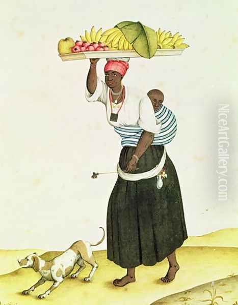 A Woman Carrying a Tray of Fruit on her Head Oil Painting by Carlos Juliao